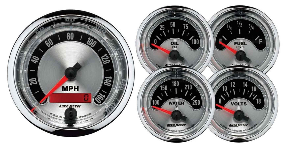 AutoMeter Gauge Kit - American Muscle - Analog - Fuel Level / Oil Pressure / Speedometer / Voltmeter / Water Temperature - 3-3/8 in / 2-1/16 in Diameter - Brushed / Black Face - Kit