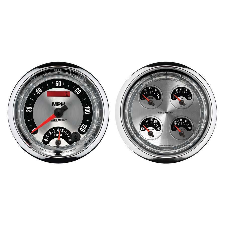 AutoMeter Combination Gauge Kit - American Muscle - Analog - Fuel Level / Oil Pressure / Speedometer / Tachometer / Voltmeter / Water Temperature - 5 in Diameter - Brushed / Black Face - Kit