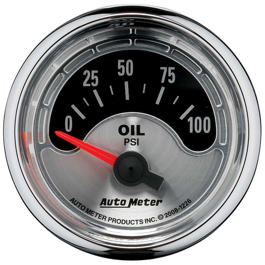 AutoMeter Oil Pressure Gauge - American Muscle - 0-100 psi - Electric - Analog - Short Sweep - 2-1/16 in Diameter - Brushed / Black Face - Each