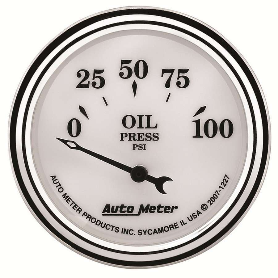 AutoMeter Oil Pressure Gauge - Old Tyme White II - 0-100 psi - Electric - Analog - Short Sweep - 2-1/16 in Diameter - White Face - Each