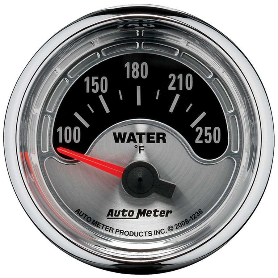 AutoMeter Water Temperature Gauge - American Muscle - 100-250 Degree F - Electric - Analog - Short Sweep - 2-1/16 in Diameter - Brushed / Black Face - Each