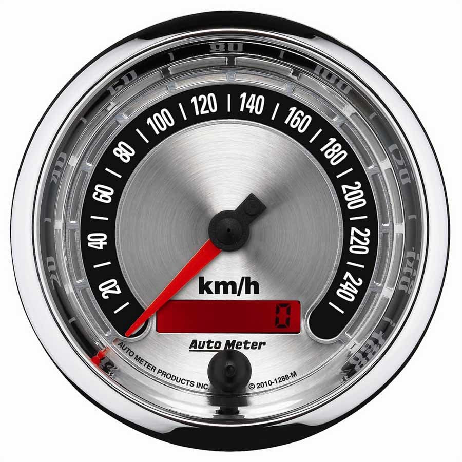 AutoMeter Speedometer - American Muscle - 260 KPH - Electric - Analog - 3-3/8 in Diameter - Programmable - Brushed / Black Face - Each