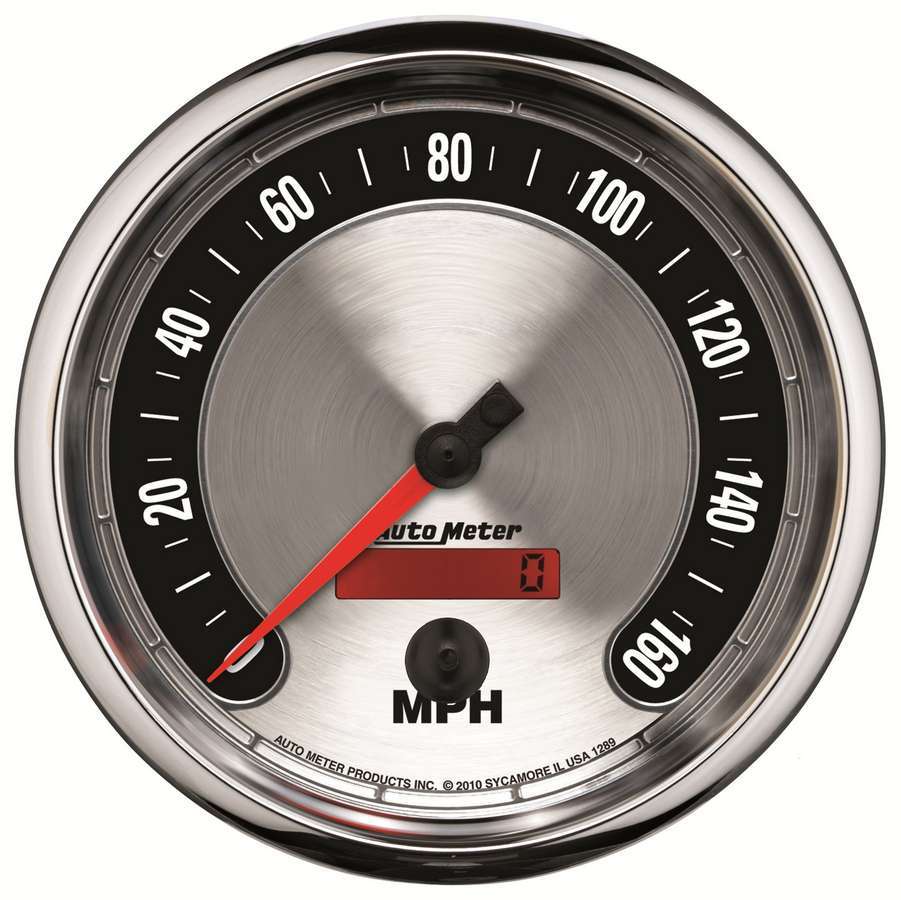 AutoMeter Speedometer - American Muscle - 160 MPH - Electric - Analog - 5 in Diameter - Programmable - Brushed / Black Face - Each
