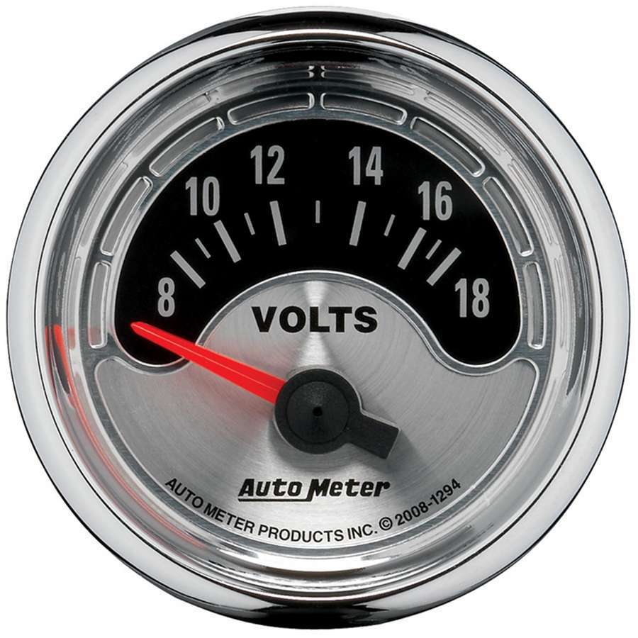 AutoMeter Voltmeter - American Muscle - 8-18V - Electric - Analog - Short Sweep - 2-1/16 in Diameter - Brushed / Black Face - Each