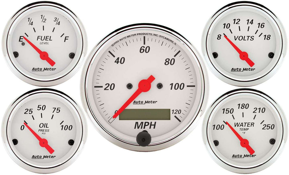 AutoMeter Gauge Kit - Arctic White - Analog - Fuel Level / Oil Pressure / Speedometer / Voltmeter / Water Temperature - 3-1/8 in / 2-1/16 in Diameter - White Face - Kit
