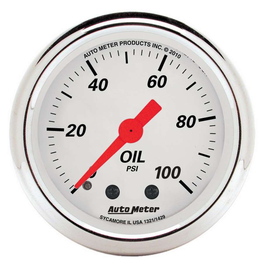 AutoMeter Oil Pressure Gauge - Arctic White - 0-100 psi - Mechanical - Analog - Full Sweep - 2-1/16 in Diameter - White Face - Each