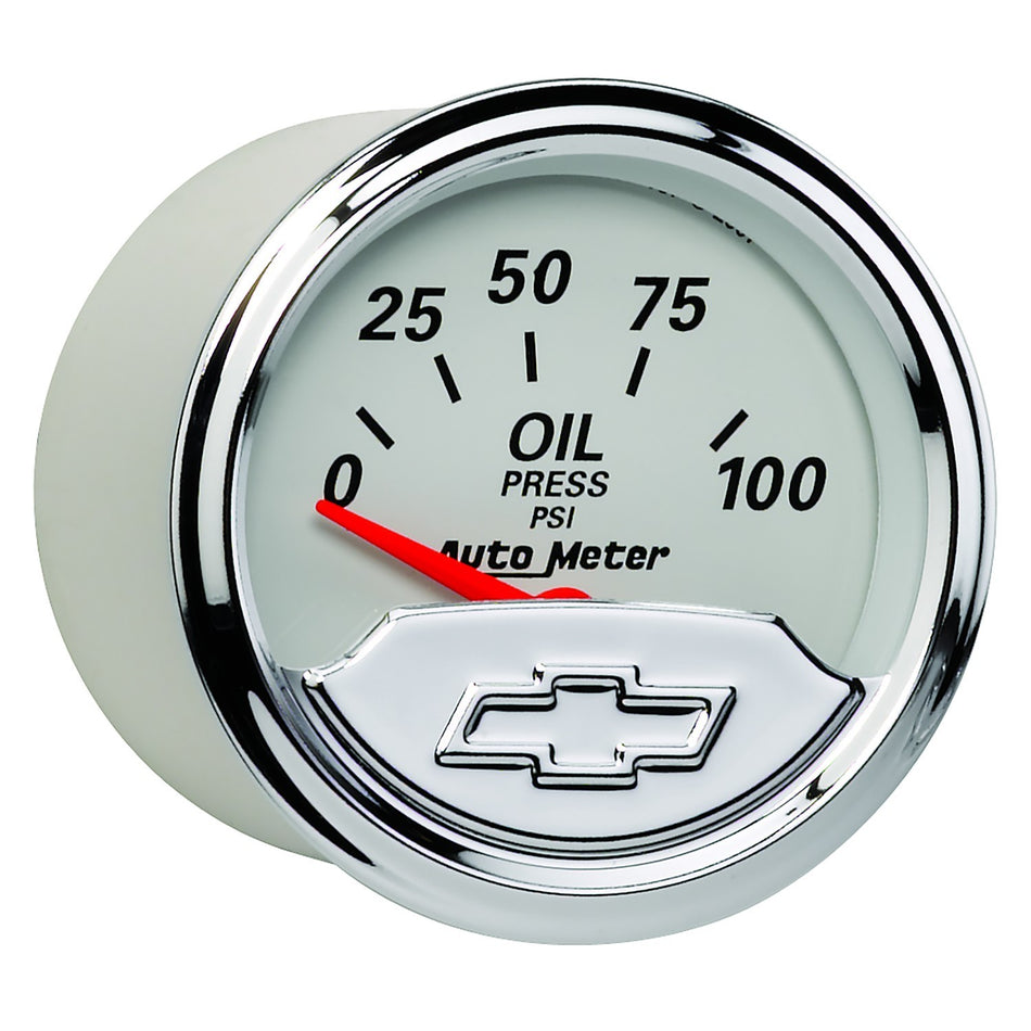 AutoMeter Oil Pressure Gauge - Chevrolet Heritage - 0-100 psi - Electric - Analog - Short Sweep - 2-1/16 in Diameter - Chrome Chevy Bowtie Logo - White Face - Each