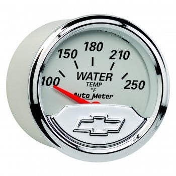 AutoMeter Water Temperature Gauge - Chevrolet Heritage Bowtie - 100-250 Degree F - Electric - Analog - Short Sweep - 2-1/16 in Diameter - Chrome Chevy Bowtie Logo - White Face - Each