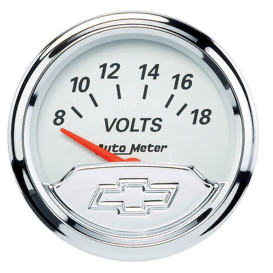 AutoMeter Voltmeter - Chevrolet Heritage Bowtie - 8-18V - Electric - Analog - Short Sweep - 2-1/16 in Diameter - Chrome Bowtie Logo - White Face - Each