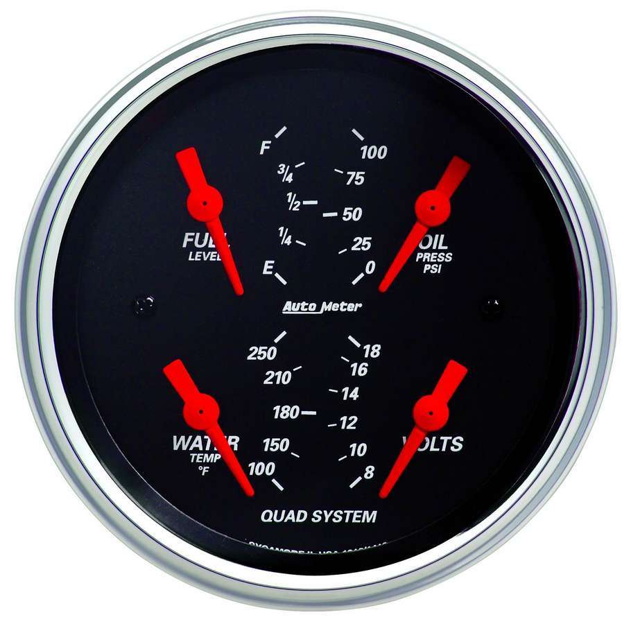 AutoMeter Combination Gauge - Designer Black - Quad - Analog - Fuel Level / Oil Pressure / Voltmeter / Water Temperature - 3-3/8 in Diameter - Black Face - Each