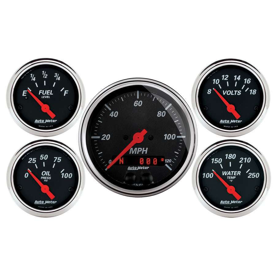 AutoMeter Gauge Kit - Designer Black - Analog - Fuel Level / Oil Pressure / Speedometer / Voltmeter / Water Temperature - 3-3/8 in / 2-1/16 in Diameter - Black Face - Kit
