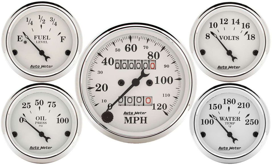 AutoMeter Gauge Kit - Old Tyme White - Analog - Fuel Level / Oil Pressure / Speedometer / Voltmeter / Water Temperature - 3-3/8 in / 2-1/16 in Diameter - White Face - Kit