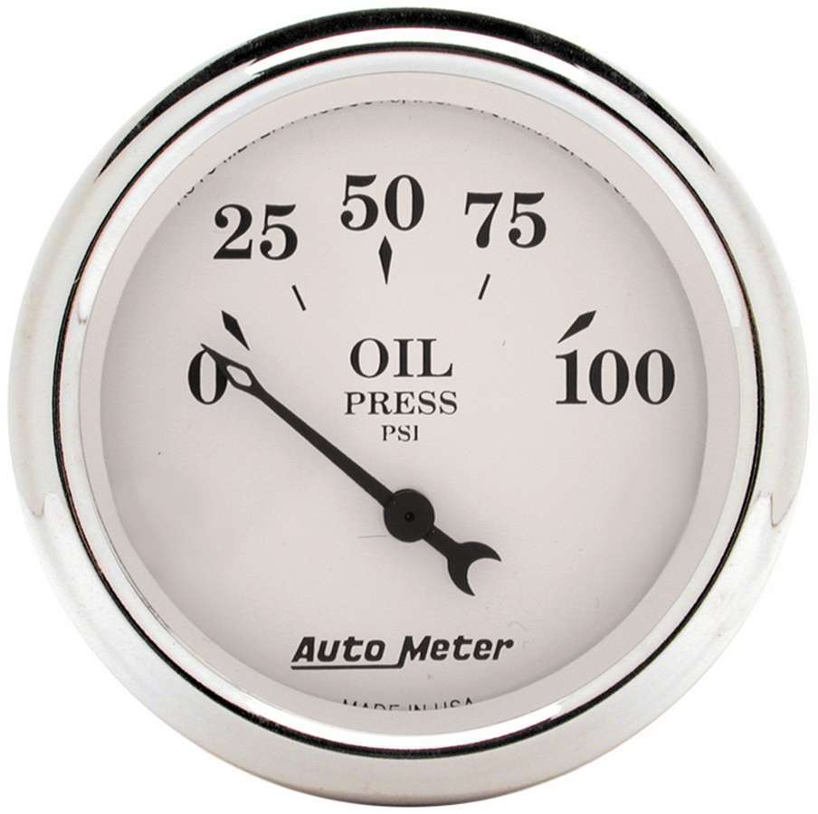 AutoMeter Oil Pressure Gauge - Old Tyme White - 0-100 psi - Electric - Analog - Short Sweep - 2-1/16 in Diameter - White Face - Each