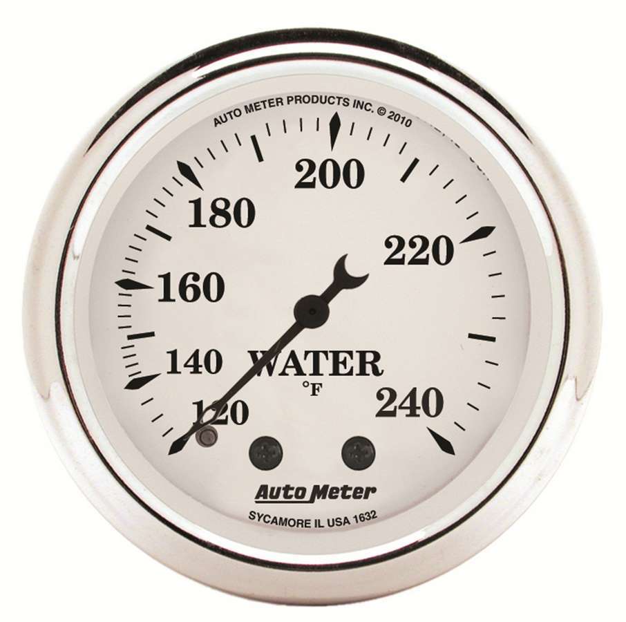 AutoMeter Water Temperature Gauge - Old Tyme White - 120-240 Degree F - Mechanical - Analog - Full Sweep - 2-1/16 in Diameter - White Face - Each