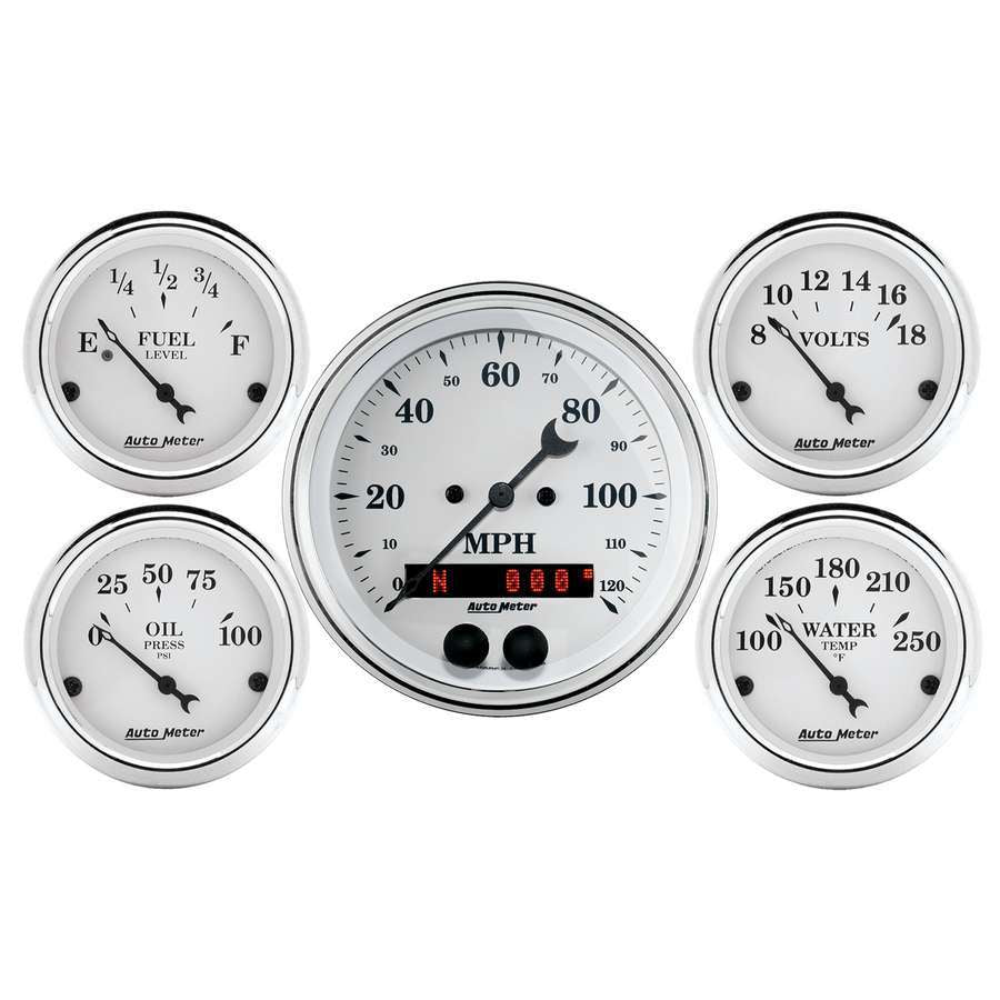 AutoMeter Gauge Kit - Old Tyme White - Analog - Fuel Level / Oil Pressure / Speedometer / Voltmeter / Water Temperature - 3-3/8 in / 2-1/16 in Diameter - White Face - Kit