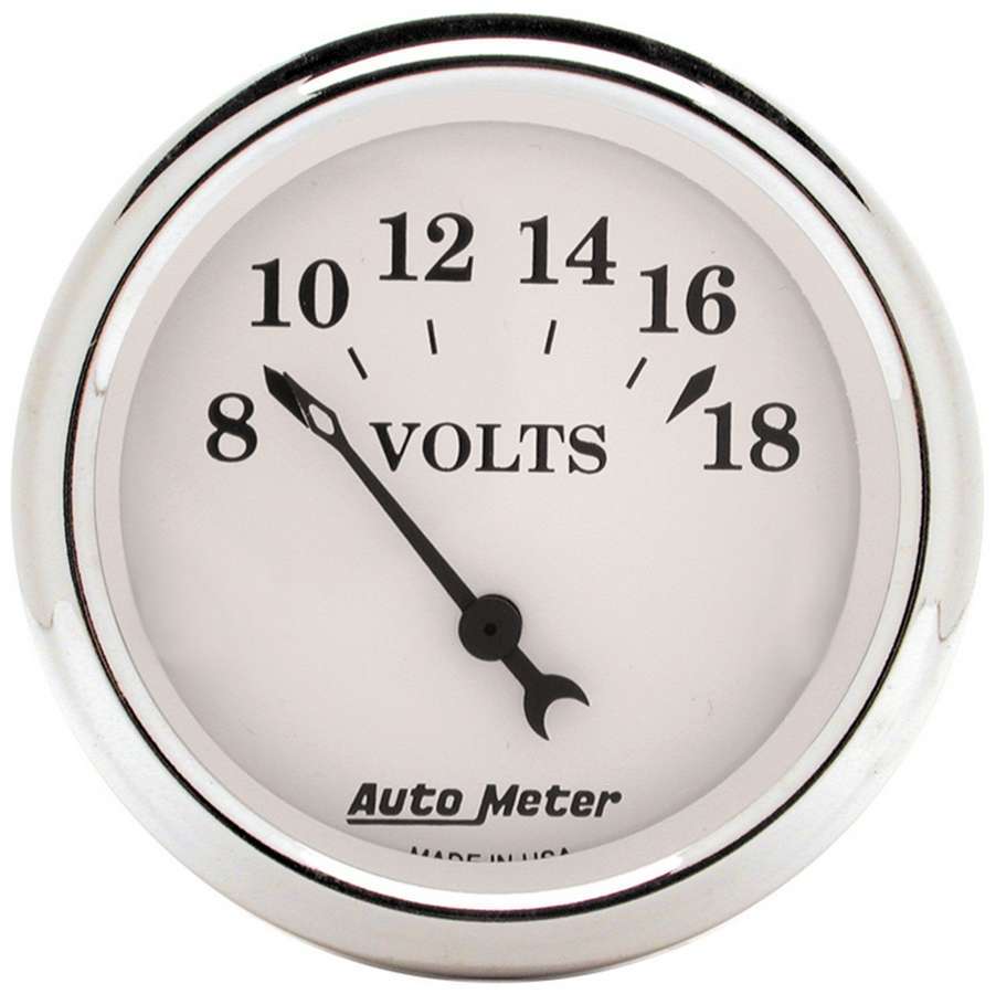 AutoMeter Voltmeter - Old Tyme White - 8-18V - Electric - Analog - Short Sweep - 2-1/16 in Diameter - White Face - Each