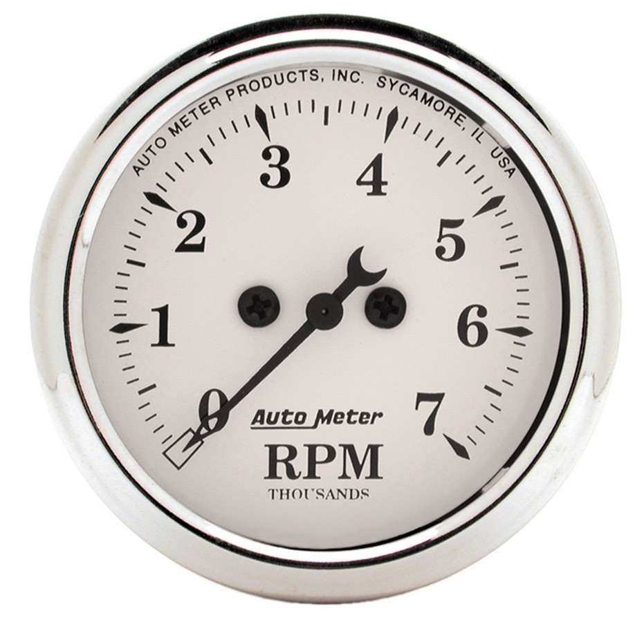 AutoMeter Tachometer - Old Tyme White - 7000 RPM - Electric - Analog - 2-1/16 in Diameter - Dash Mount - White Face - Each