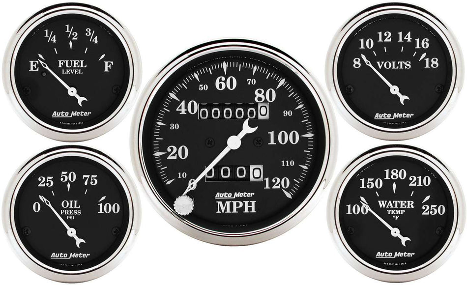 AutoMeter Gauge Kit - Old Tyme Black - Analog - Fuel Level / Oil Pressure / Speedometer / Voltmeter / Water Temperature - 3-3/8 in / 2-1/16 in Diameter - Black Face - Kit
