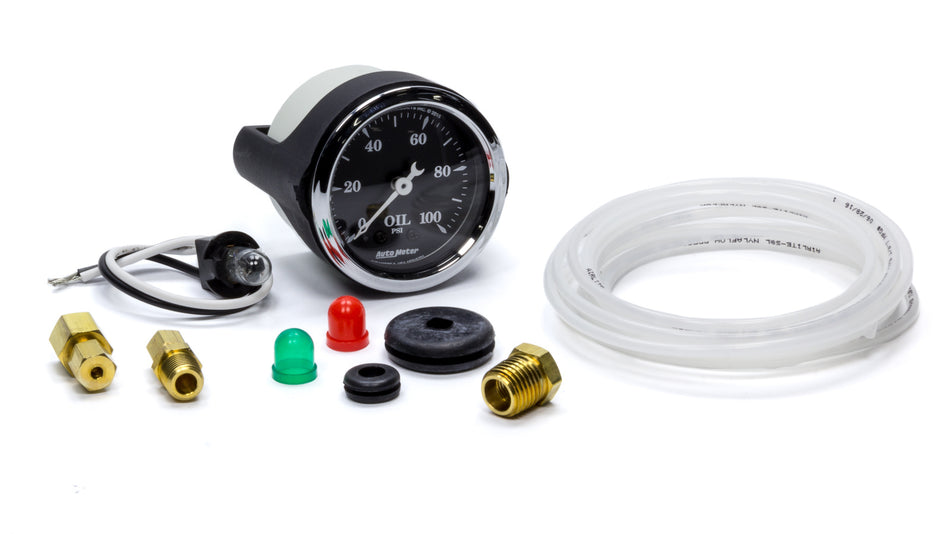 AutoMeter Oil Pressure Gauge - 0-100 psi - Mechanical - Analog - Full Sweep - 2-1/16 in Diameter - 1/8 in NPT Port - Old Tyme Black Face - Each
