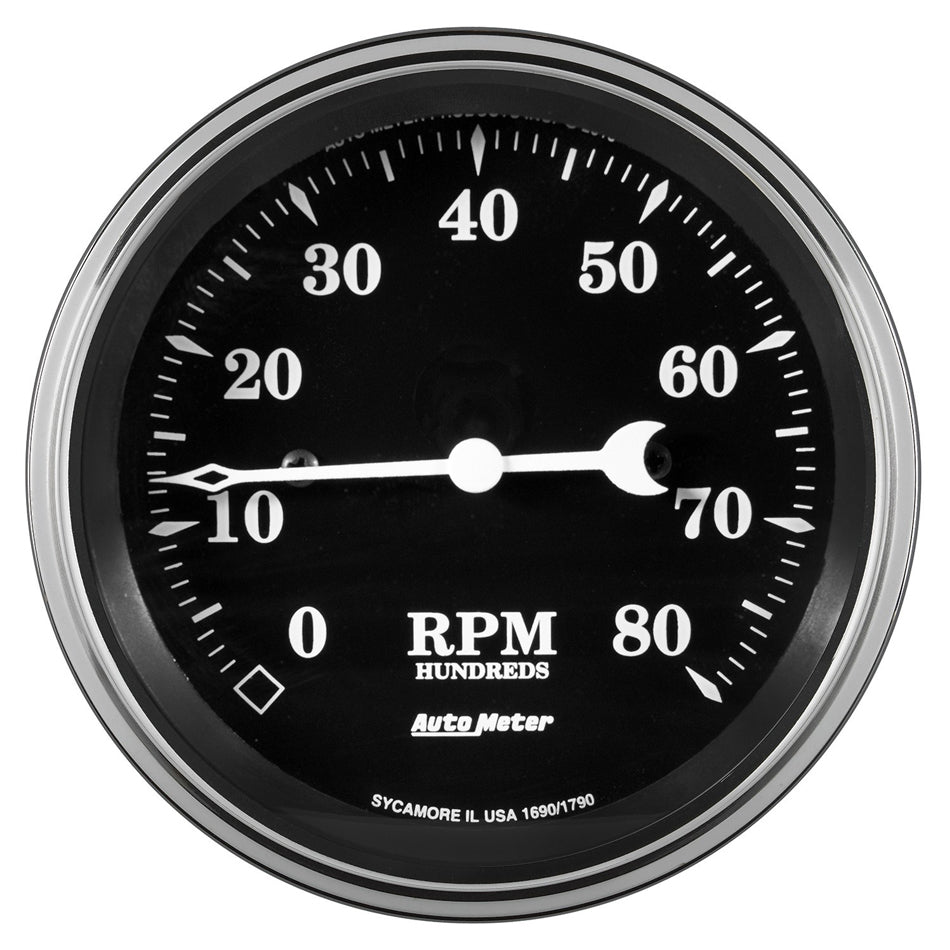 AutoMeter Tachometer - Old Tyme Black - 8000 RPM - Electric - Analog - 3-3/8 in Diameter - Dash Mount - Black Face - Each