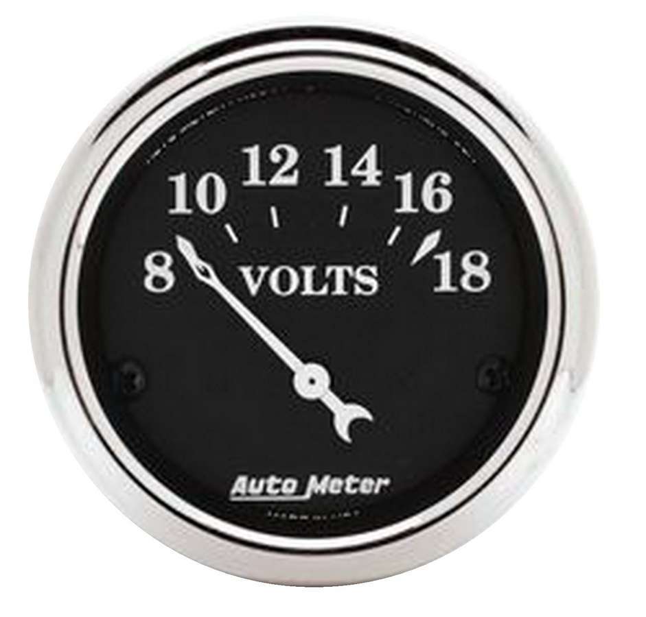 AutoMeter Voltmeter - Old Tyme Black - 8-18V - Electric - Analog - Short Sweep - 2-1/16 in Diameter - Black Face - Each