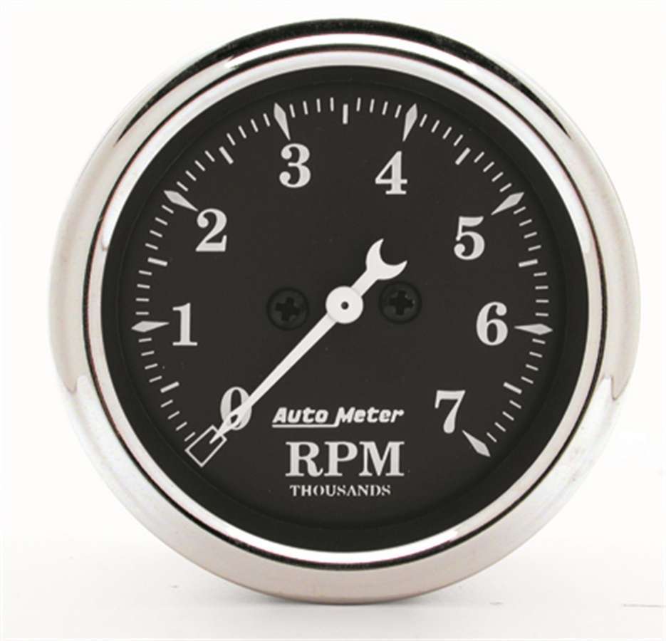 AutoMeter Tachometer - Old Tyme Black - 7000 RPM - Electric - Analog - 2-1/16 in Diameter - Dash Mount - Black Face - Each