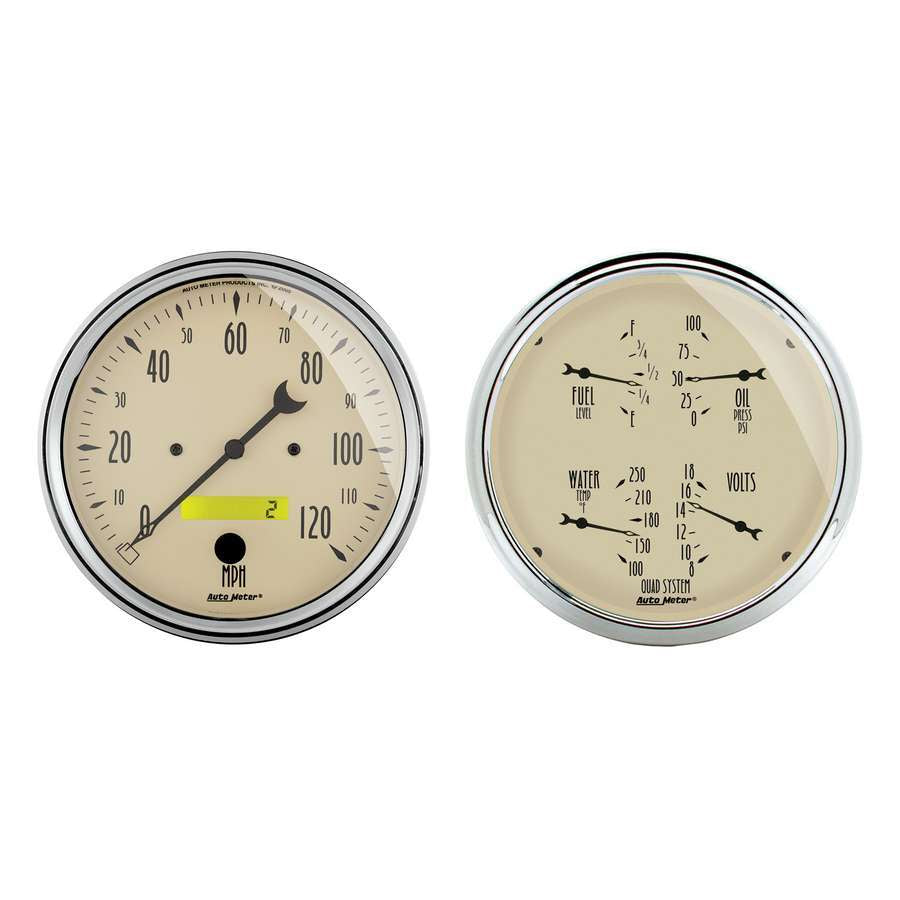 AutoMeter Combination Gauge Kit - Antique Beige - Analog - Fuel Level / Oil Pressure / Speedometer / Voltmeter / Water Temperature - 5 in Diameter - Beige Face - Kit