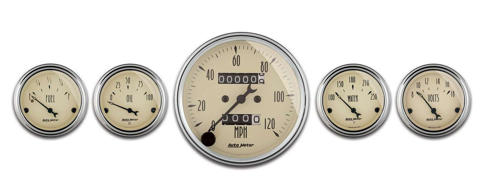 AutoMeter Gauge Kit - Antique Beige - Analog - Fuel Level / Oil Pressure / Speedometer / Voltmeter / Water Temperature - 3-1/8 in / 2-1/16 in Diameter - Beige Face - Kit