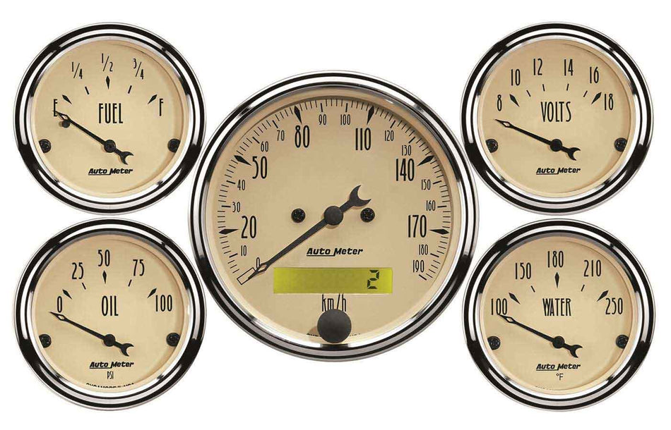 AutoMeter Gauge Kit - Antique Beige - Metric - Analog - Fuel Level / Oil Pressure / Speedometer / Voltmeter / Water Temperature - 3-1/8 in / 2-1/16 in Diameter - Beige Face - Kit