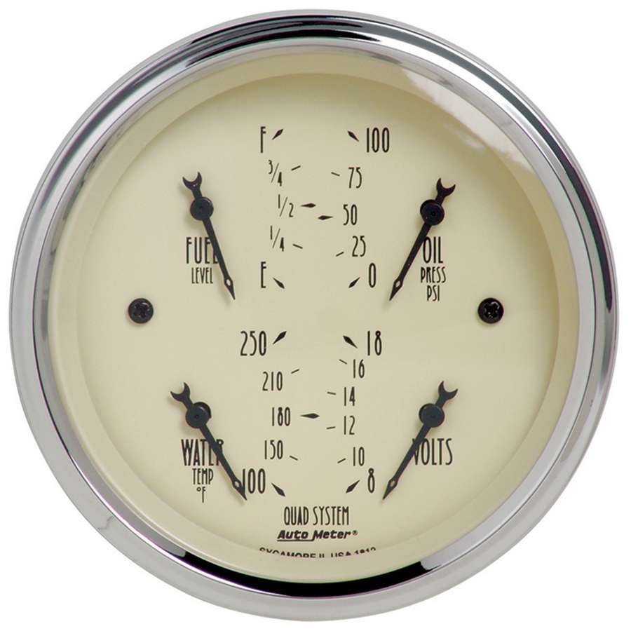 AutoMeter Combination Gauge - Antique Beige - Analog - Quad - Fuel Level / Oil Pressure / Voltmeter / Water Temperature - 3-3/8 in Diameter - Beige Face - Each