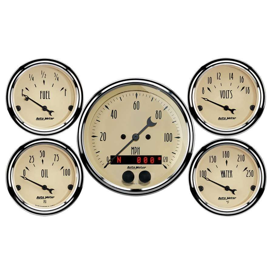 AutoMeter Gauge Kit - Antique Beige - Analog - Fuel Level / Oil Pressure / Speedometer / Voltmeter / Water Temperature - 3-3/8 in / 2-1/16 in Diameter - Beige Face - Kit