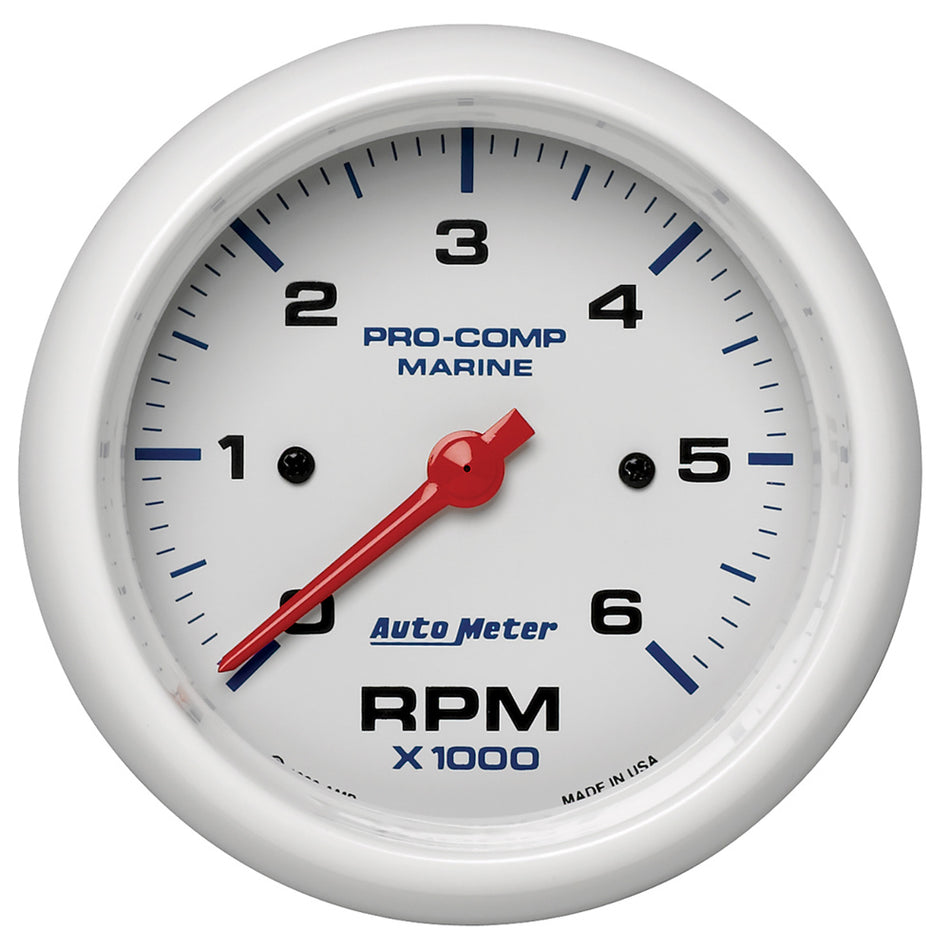 AutoMeter Tachometer - Pro-Comp Marine - 6000 RPM - Electric - Analog - 3-3/8 in Diameter - Dash Mount - White Face - Each