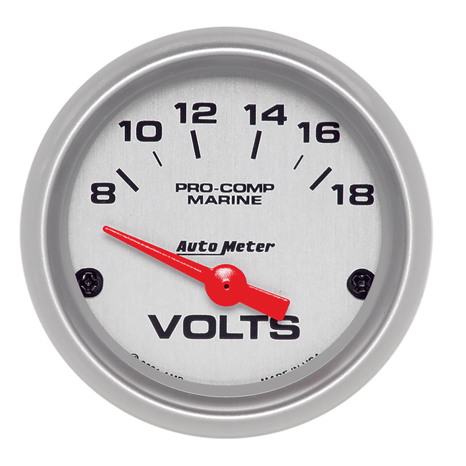 AutoMeter Voltmeter - Ultra-Lite Marine - 8-18V - Electric - Analog - Short Sweep - 2-1/16 in Diameter - Silver Face - Each