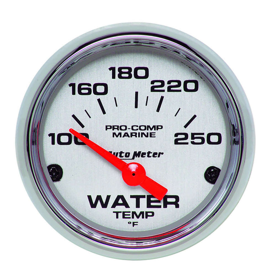 AutoMeter Water Temperature Gauge - Pro-Comp Marine - 100-250 Degree F - Electric - Analog - Short Sweep - 2-1/16 in Diameter - Chrome Bezel - White Face - Each