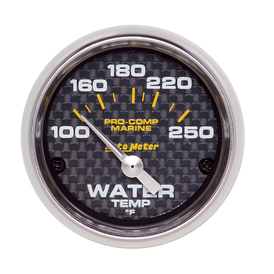 AutoMeter Water Temperature Gauge - Pro-Comp Marine - 100-250 Degree F - Electric - Analog - Short Sweep - 2-1/16 in Diameter - Carbon Fiber Look Face - Each