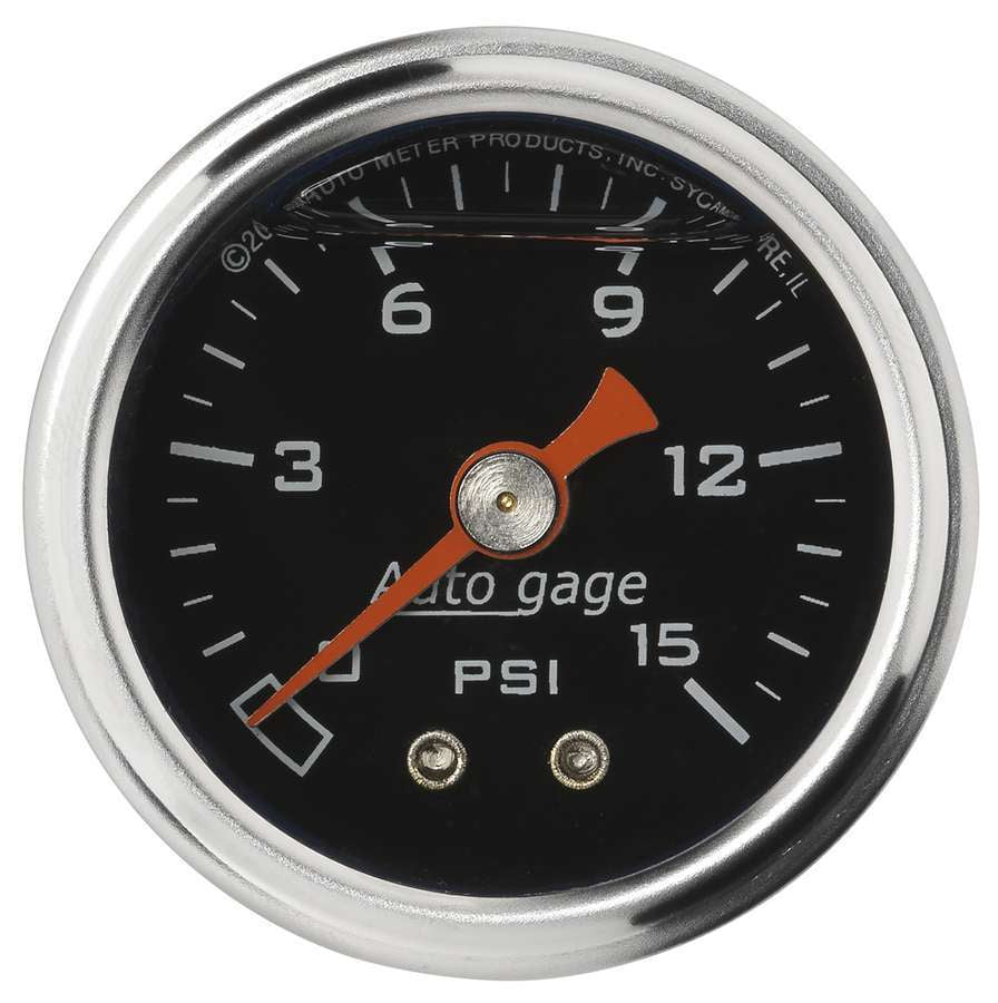 AutoMeter Pressure Gauge - Auto Gage - 0-15 psi - Mechanical - Analog - 1-1/2 in Diameter - Liquid Filled - 1/8 in NPT Port - Black Face - Each