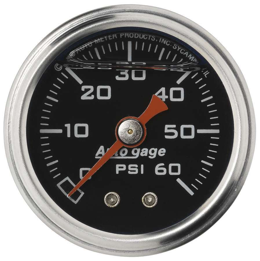 AutoMeter Pressure Gauge - Auto Gage - 0-60 psi - Mechanical - Analog - 1-1/2 in Diameter - Liquid Filled - 1/8 in NPT Port - Black Face - Each