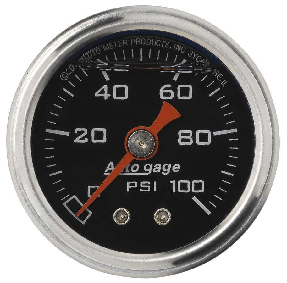 AutoMeter Pressure Gauge - Auto Gage - 0-100 psi - Mechanical - Analog - 1-1/2 in Diameter - Liquid Filled - 1/8 in NPT Port - Black Face - Each