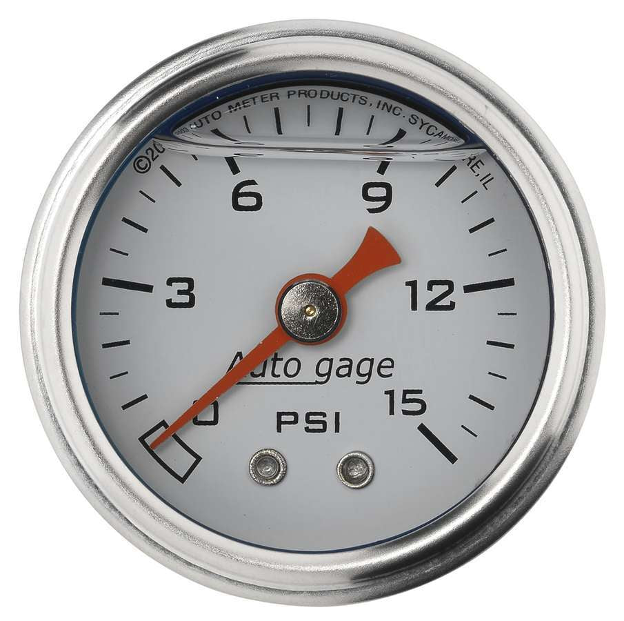 AutoMeter Pressure Gauge - Auto Gage - 0-15 psi - Mechanical - Analog - 1-1/2 in Diameter - Liquid Filled - 1/8 in NPT Port - White Face - Each