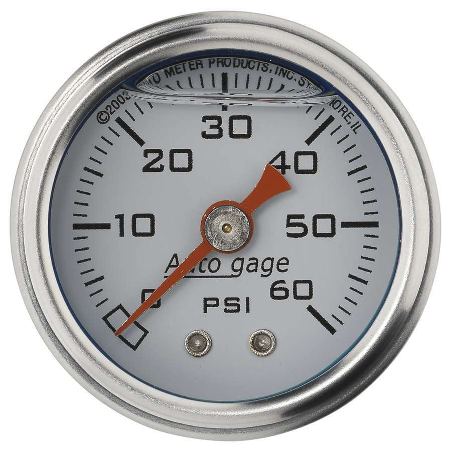 AutoMeter Pressure Gauge - Auto Gage - 0-60 psi - Mechanical - Analog - 1-1/2 in Diameter - Liquid Filled - 1/8 in NPT Port - White Face - Each