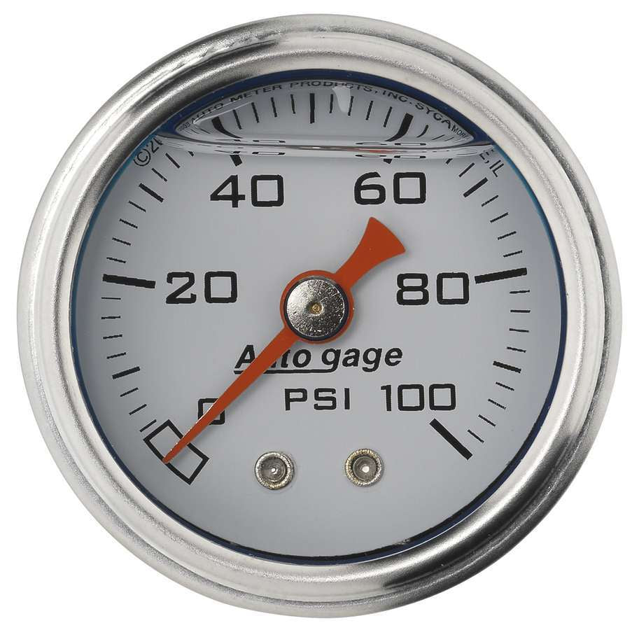 AutoMeter Pressure Gauge - Auto Gage - 0-100 psi - Mechanical - Analog - 1-1/2 in Diameter - Liquid Filled - 1/8 in NPT Port - White Face - Each