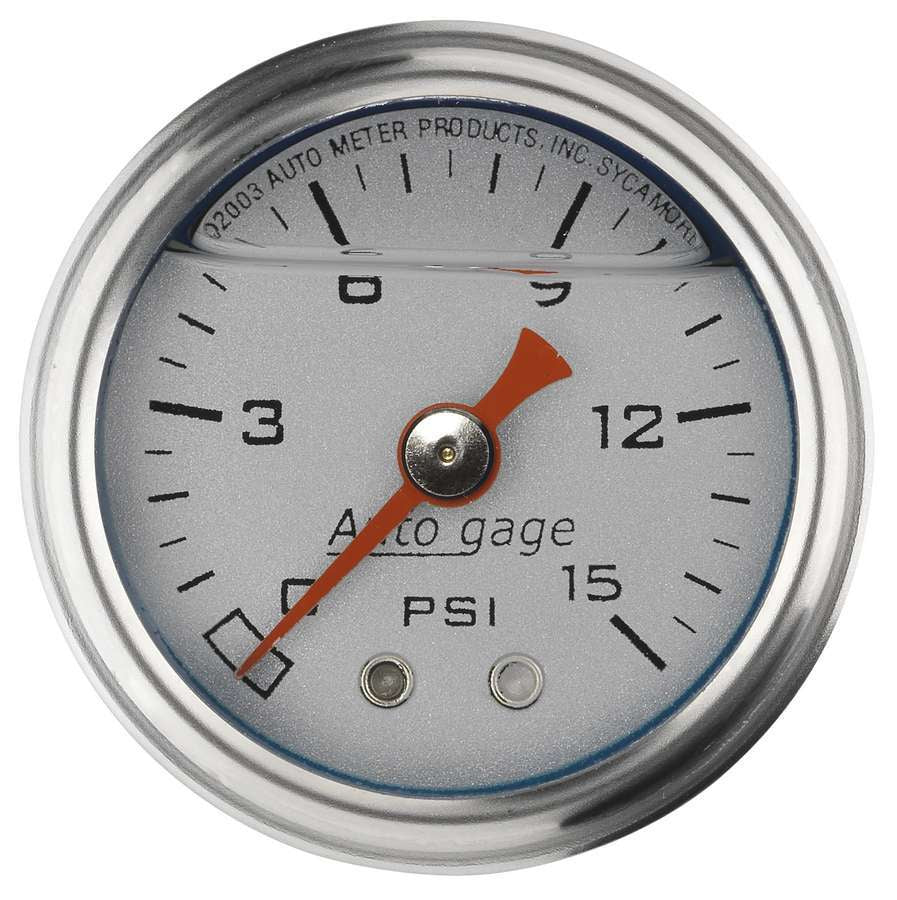 AutoMeter Pressure Gauge - Auto Gage - 0-15 psi - Mechanical - Analog - 1-1/2 in Diameter - Liquid Filled - 1/8 in NPT Port - Silver Face - Each