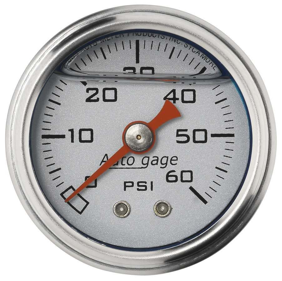 AutoMeter Pressure Gauge - Auto Gage - 0-60 psi - Mechanical - Analog - 1-1/2 in Diameter - Liquid Filled - 1/8 in NPT Port - Silver Face - Each