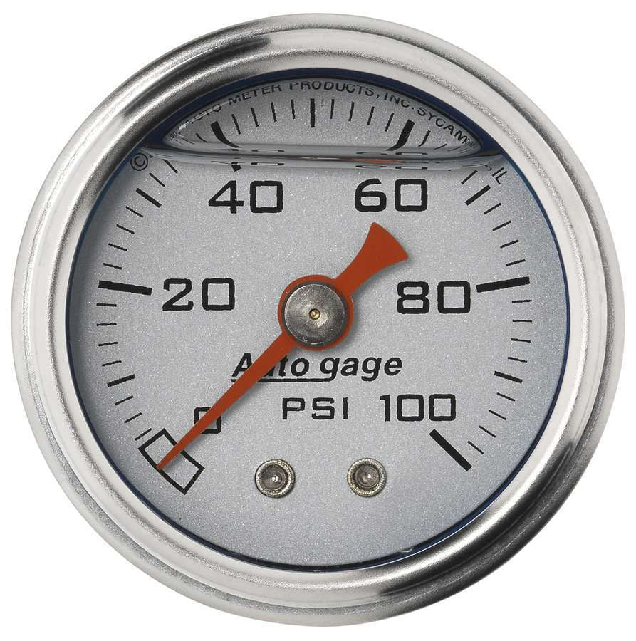 AutoMeter Pressure Gauge - Auto Gage - 0-100 psi - Mechanical - Analog - 1-1/2 in Diameter - Liquid Filled - 1/8 in NPT Port - Silver Face - Each
