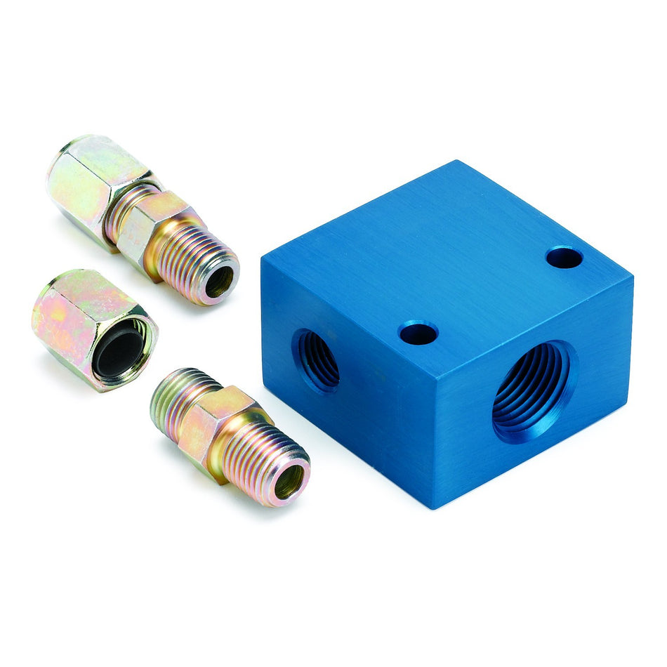 AutoMeter Temperature Manifold - 1/4 in NPT Inlet / Outlet - 1/2 in NPT Gauge Port - 1/4 in Mounting Holes - Two 3/8 in Compression Fittings - Aluminum - Blue Anodized - Kit