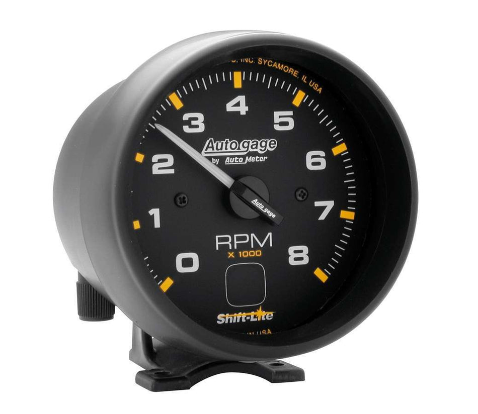 AutoMeter Tachometer - Auto Gage - 8000 RPM - Electric - Analog - 3-3/4 in Diameter - Pedestal Mount - Shift Light - Black Face - Each