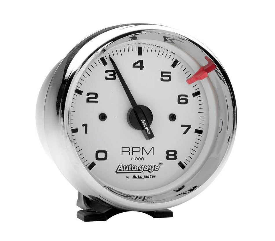 AutoMeter Tachometer - Auto Gage - 8000 RPM - Electric - Analog - 3-3/4 in Diameter - Pedestal Mount - White Face - Each