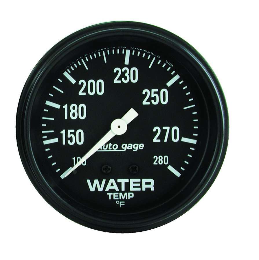 AutoMeter Water Temperature Gauge - Auto Gage - 100-280 Degree F - Mechanical - Analog - Full Sweep - 2-5/8 in Diameter - Black Face - Each
