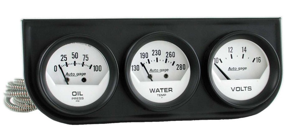AutoMeter Gauge Panel Assembly - Auto Gage - Analog - Oil Pressure / Voltmeter / Water Temperature - 2-1/16 in Diameter - White Face - Kit