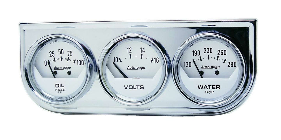 AutoMeter Gauge Panel Assembly - Auto Gage - Analog - Oil Pressure / Voltmeter / Water Temperature - 2-1/16 in Diameter - White Face - Kit